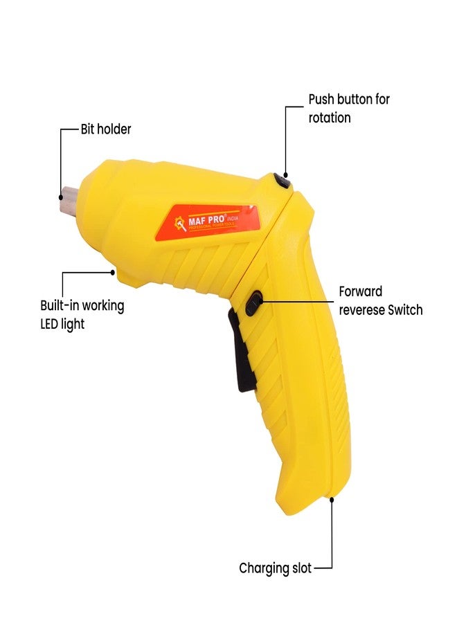 Homdum MAF Rechargeable and 90° Rotatable Cordless Drill Screwdriver Kit with Onboard LED Light and 11 Pieces Accessories 4V 6.35mm (Yellow) - Image 4